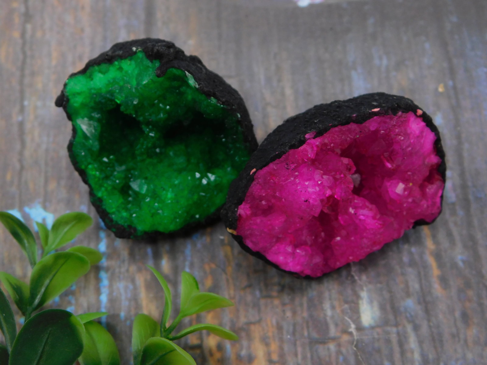 Geode — Pair of Dyed Crystal Geodes Green and Hot Pink with Black Outer Rind (1 of 3)