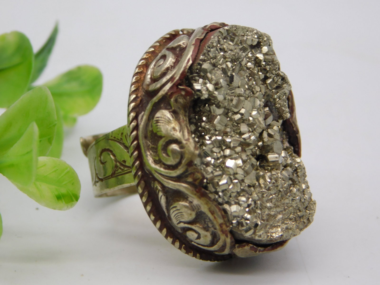Ring — Pyrite Druzy Crystal Cocktail Ring Silver Scrollwork Setting: Ring — Pyrite Druzy Crystal Cocktail Ring Silver Scrollwork Setting