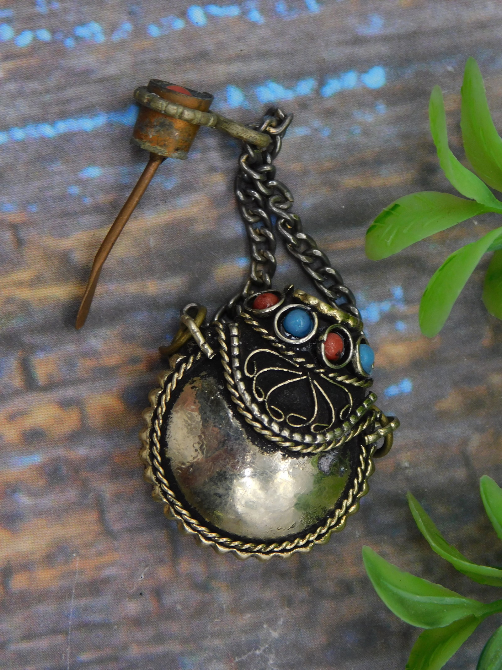Pendant — Antique Brass Tibetan Locket Pendant with Turquoise and Coral Stone Inlay: Pendant — Antique Brass Tibetan Locket Pendant with Turquoise and Coral Stone Inlay