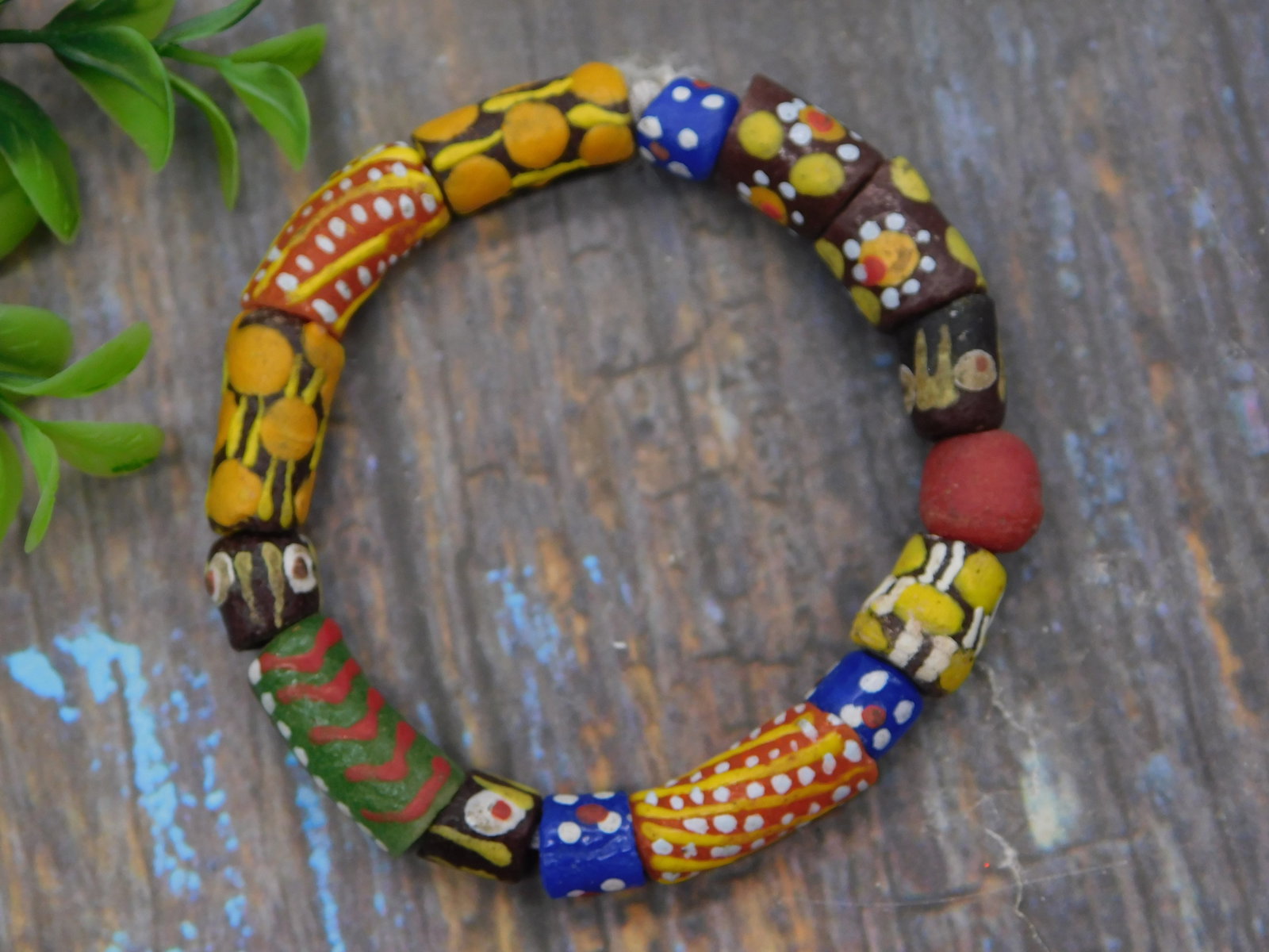 Bracelet — African Krobo Trade Bead Stretch Bracelet Handpainted Colorful: Bracelet — African Krobo Trade Bead Stretch Bracelet Handpainted Colorful