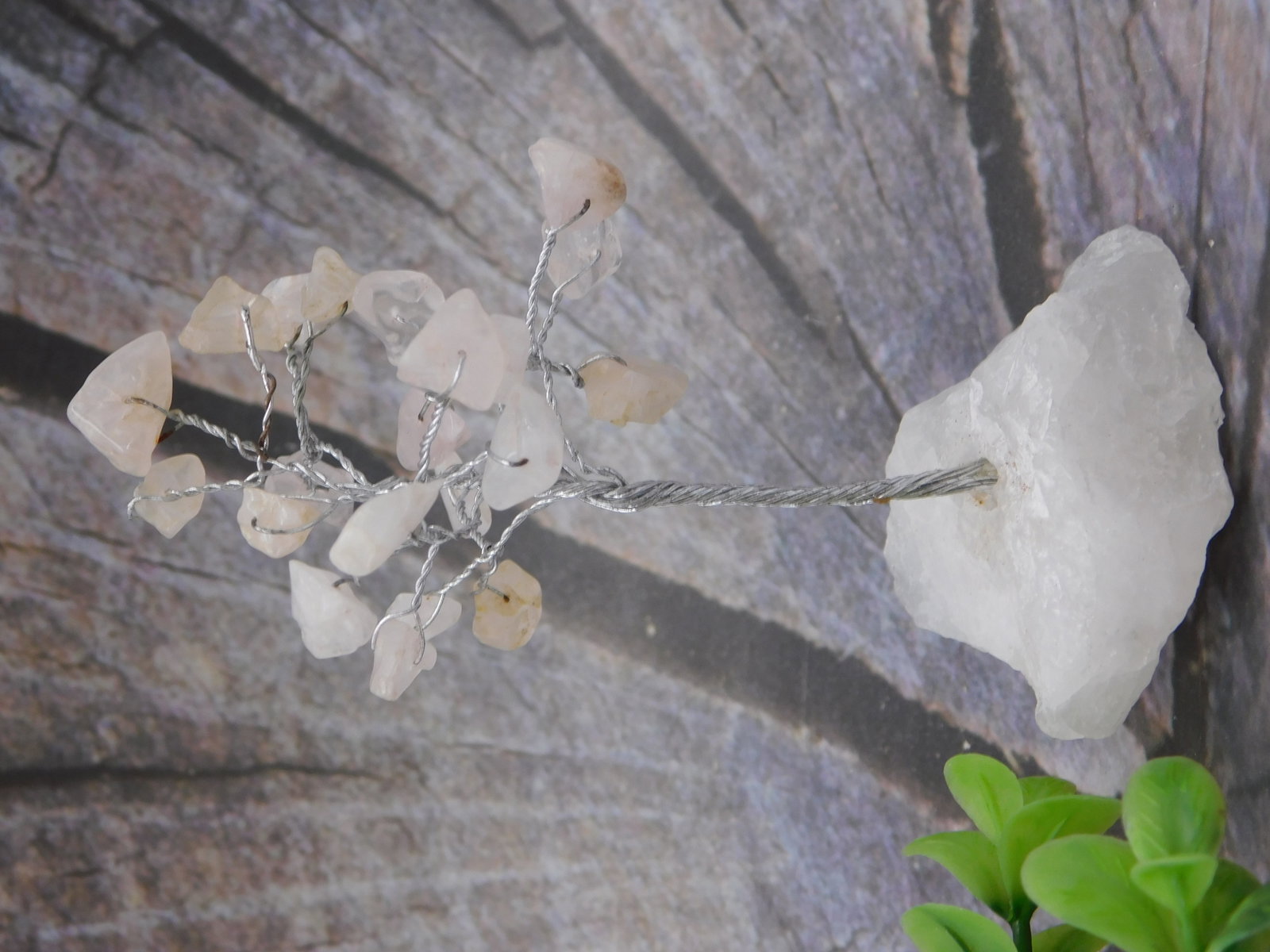Crystal — Rose Quartz Wire Bonsai Tree Sculpture on Raw Quartz Crystal Base (1 of 2)