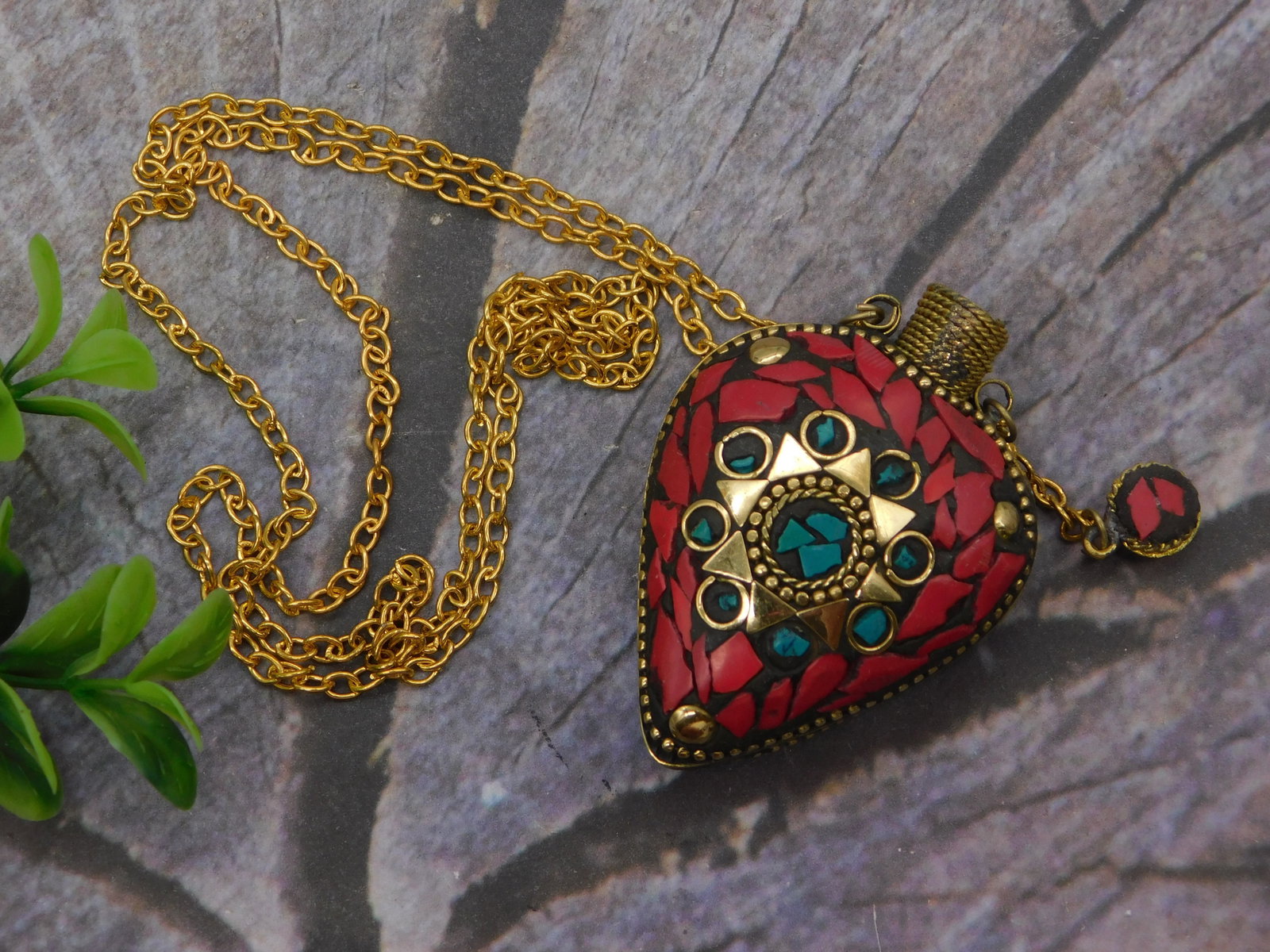 Pendant — Tibetan Nepali Heart Pendant Necklace Red Coral Turquoise Mosaic Gold Chain: Pendant — Tibetan Nepali Heart Pendant Necklace Red Coral Turquoise Mosaic Gold Chain