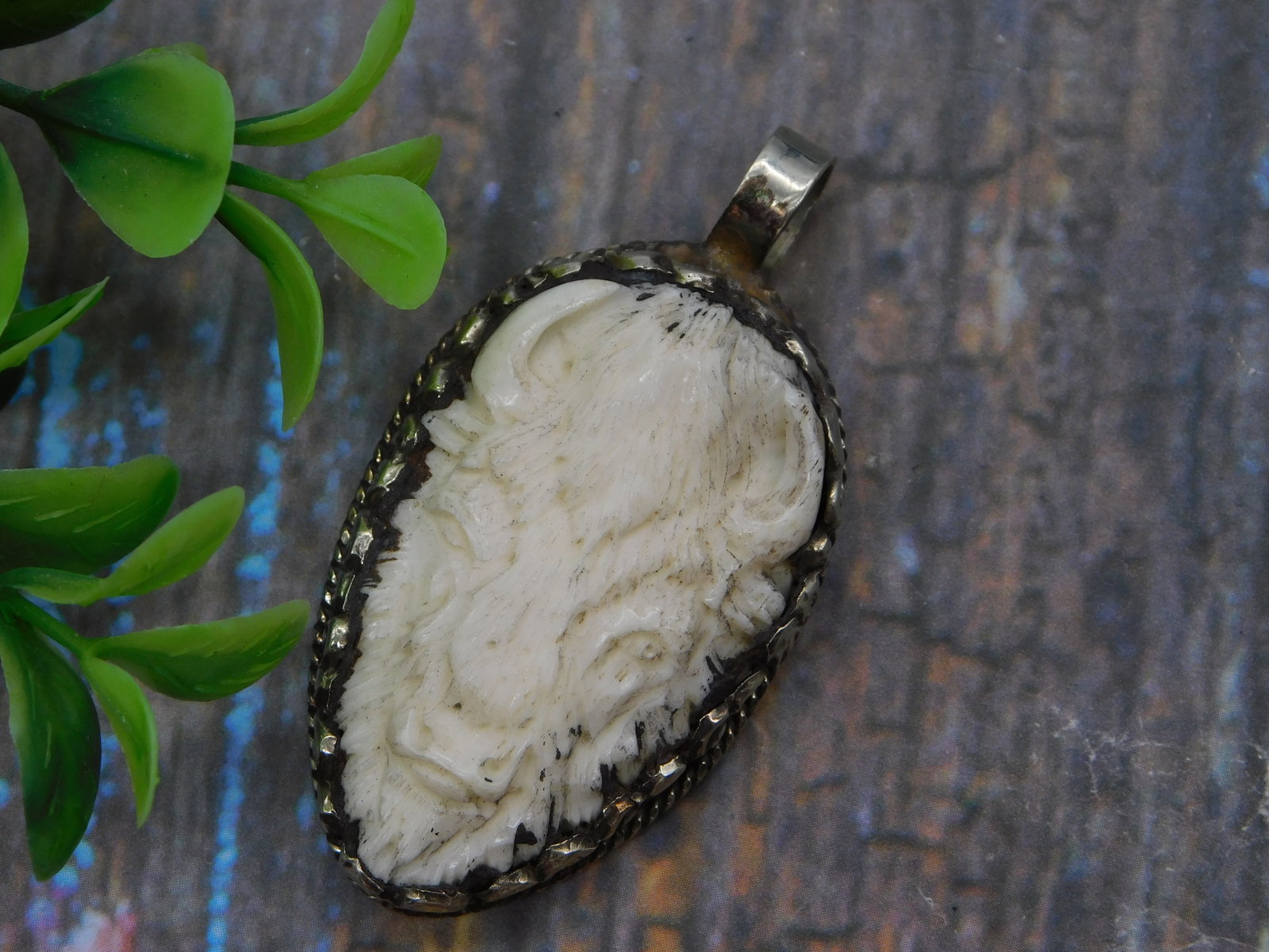 Pendant — Double-Sided Carved Bone Buffalo Head and Silver Floral Pendant: Pendant — Double-Sided Carved Bone Buffalo Head and Silver Floral Pendant