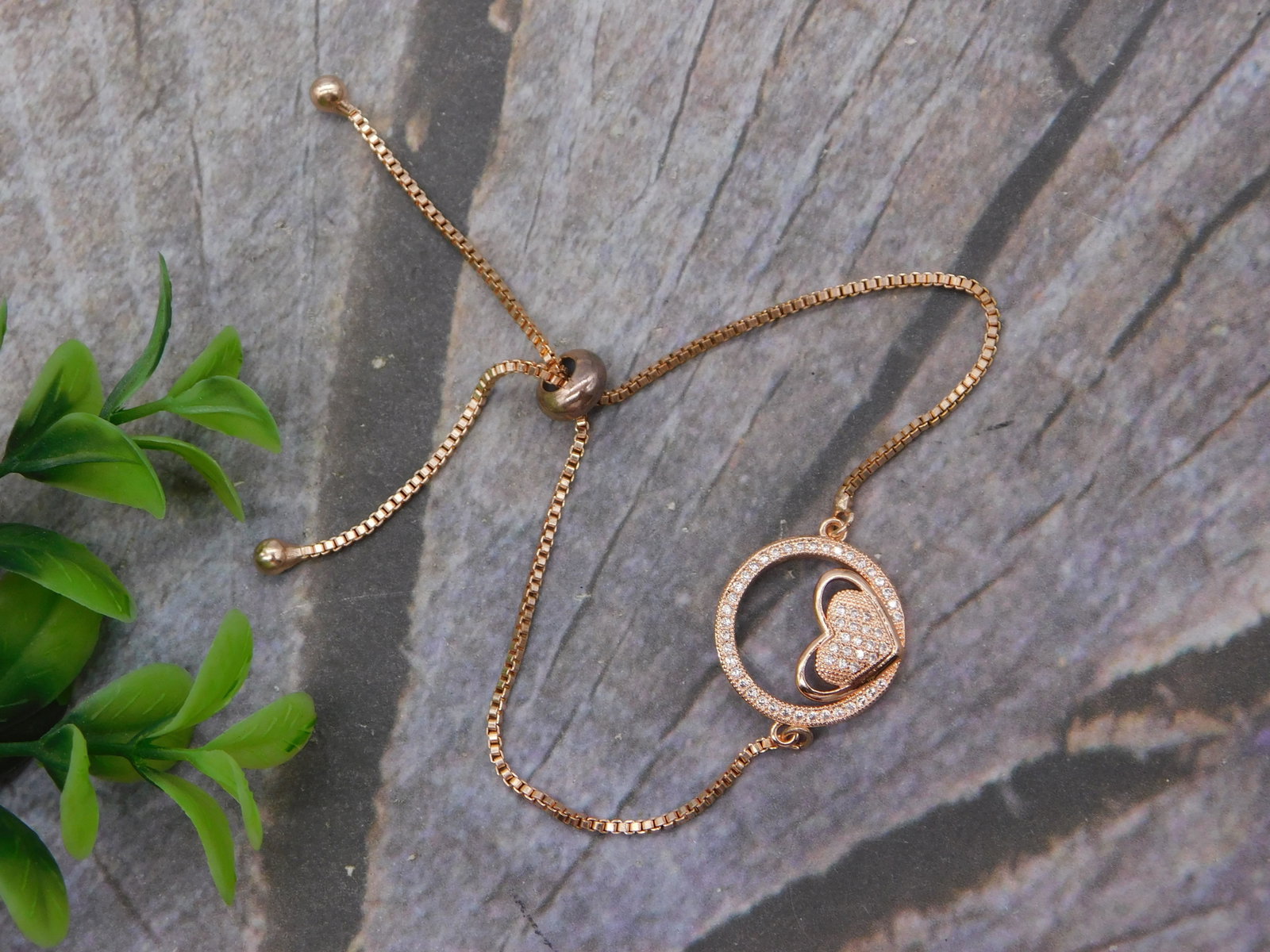 Bracelet — Rose Gold-Tone Adjustable Bolo Bracelet with Double Heart CZ Pendant: Bracelet — Rose Gold-Tone Adjustable Bolo Bracelet with Double Heart CZ Pendant