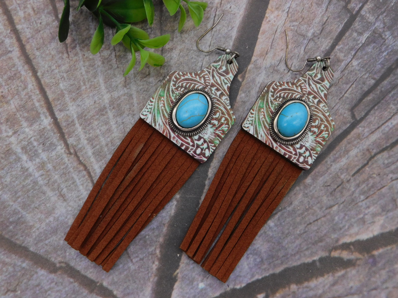 Jewelry — Boho Southwestern Fringe Drop Earrings with Turquoise Cabochon and Leather Tassel: Jewelry — Boho Southwestern Fringe Drop Earrings with Turquoise Cabochon and Leather Tassel