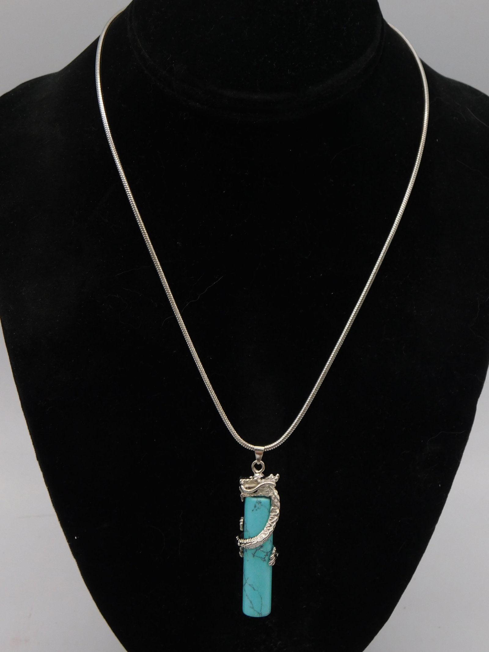 Necklace — Turquoise Howlite Crystal Point Dragon Wrap Pendant Silver Snake Chain Necklace: Necklace — Turquoise Howlite Crystal Point Dragon Wrap Pendant Silver Snake Chain Necklace