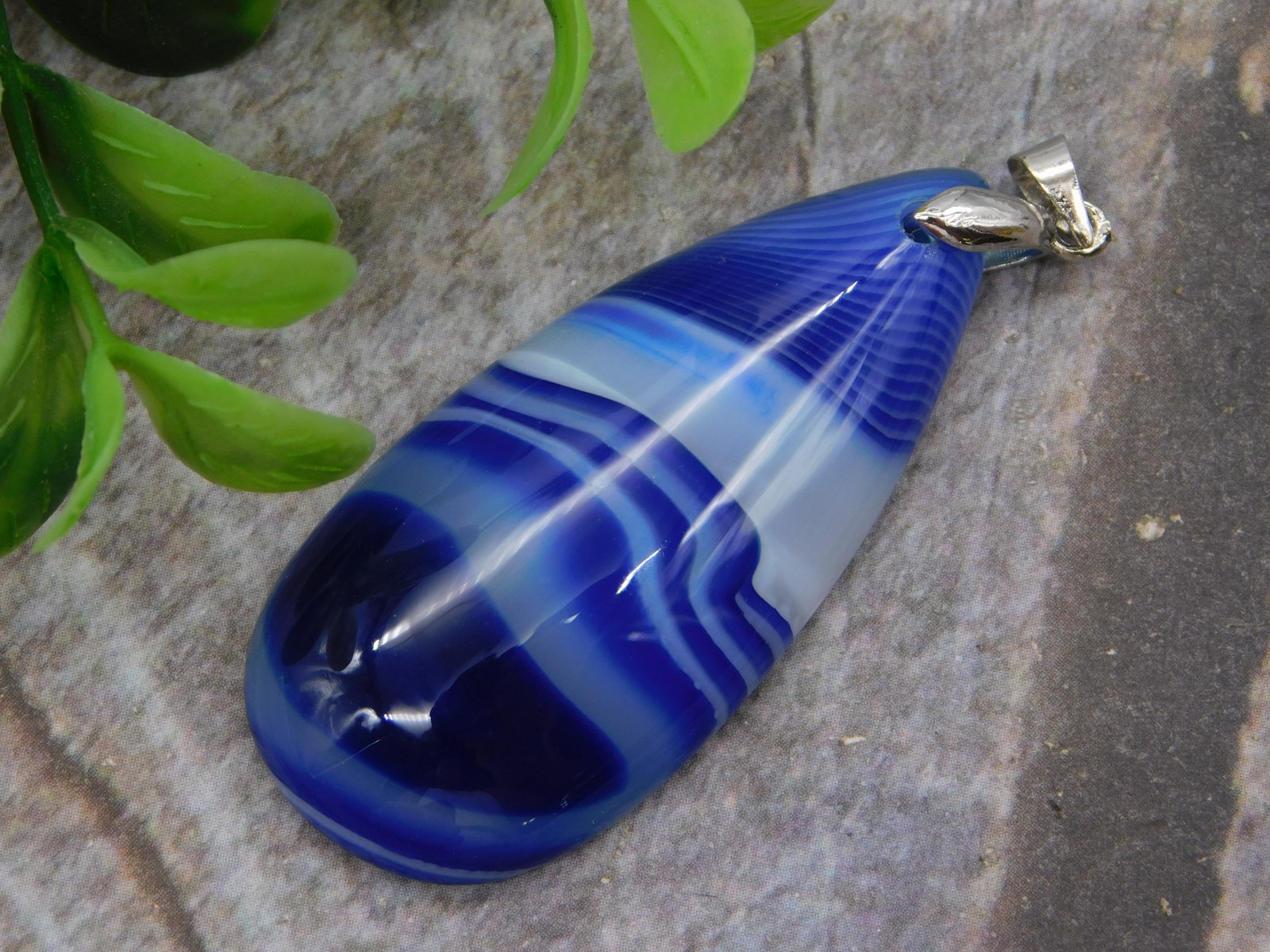 Pendant — Blue Banded Agate Teardrop Cabochon Pendant with Silver Bail Statement Jewelry: Pendant — Blue Banded Agate Teardrop Cabochon Pendant with Silver Bail Statement Jewelry