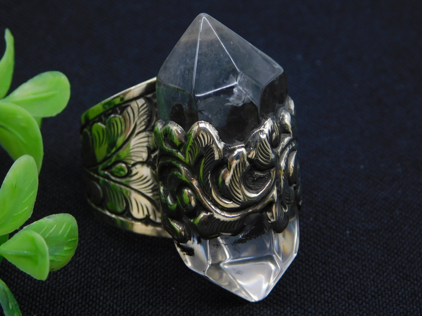 Ring — Large Clear Crystal Quartz Point Statement Ring with Ornate Silver-Tone Band (1 of 3)