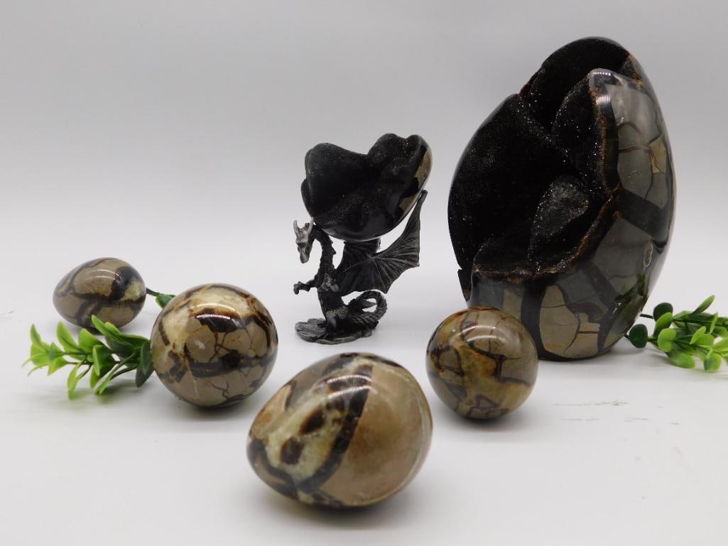 DRAGON EGGS LOT OF 6 SEPTARIAN EGGS WITH DRUZY ROCK STONE LAPIDARY SPECIMEN: DRAGON EGGS LOT OF 6 SEPTARIAN EGGS WITH DRUZY ROCK STONE LAPIDARY SPECIMEN