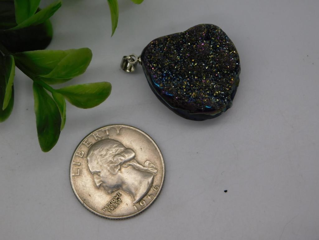 Rainbow Titanium Druzy Quartz Pendant, Silver Bail - 2