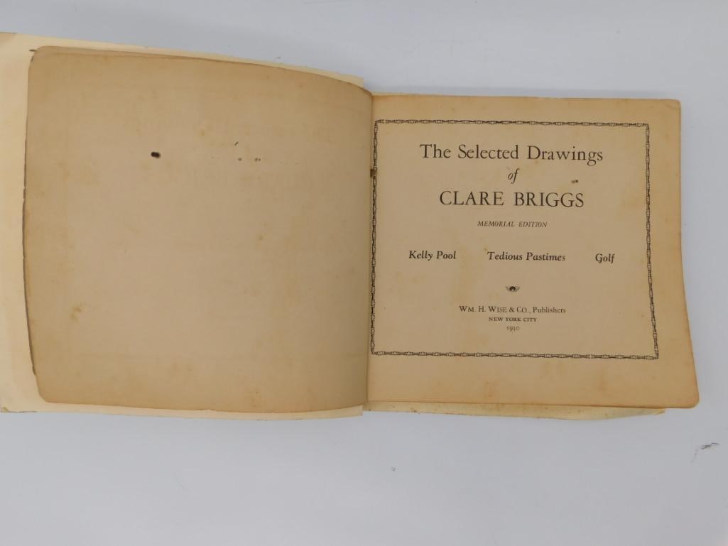 Antique Clare Briggs Cartoon Book Kelly Pool: A 1930 memorial edition hardcover book of Clare Briggs' selected drawings, containing sections titled Kelly Pool, Tedious Pastimes, and Golf, with vintage newspaper cartoon panels.