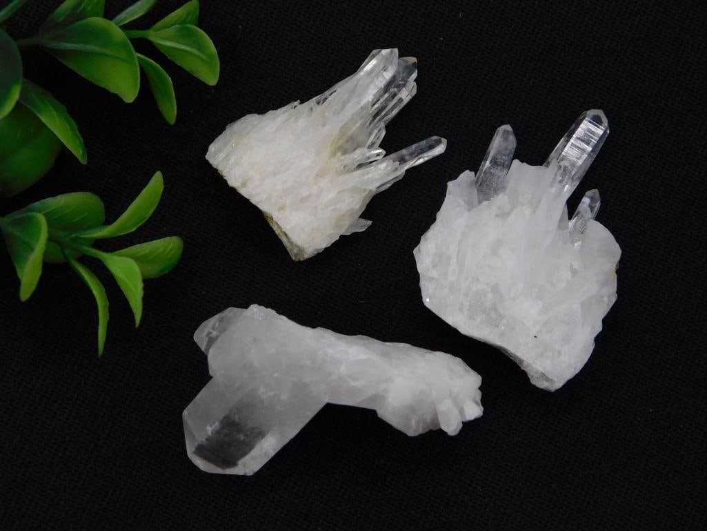 Clear Quartz Crystal Cluster Lot, Natural Points Set of Three: Lot of three natural clear quartz crystal clusters, each with multiple pointed terminations. Largest cluster approximately 2.5 inches; 43 grams total.