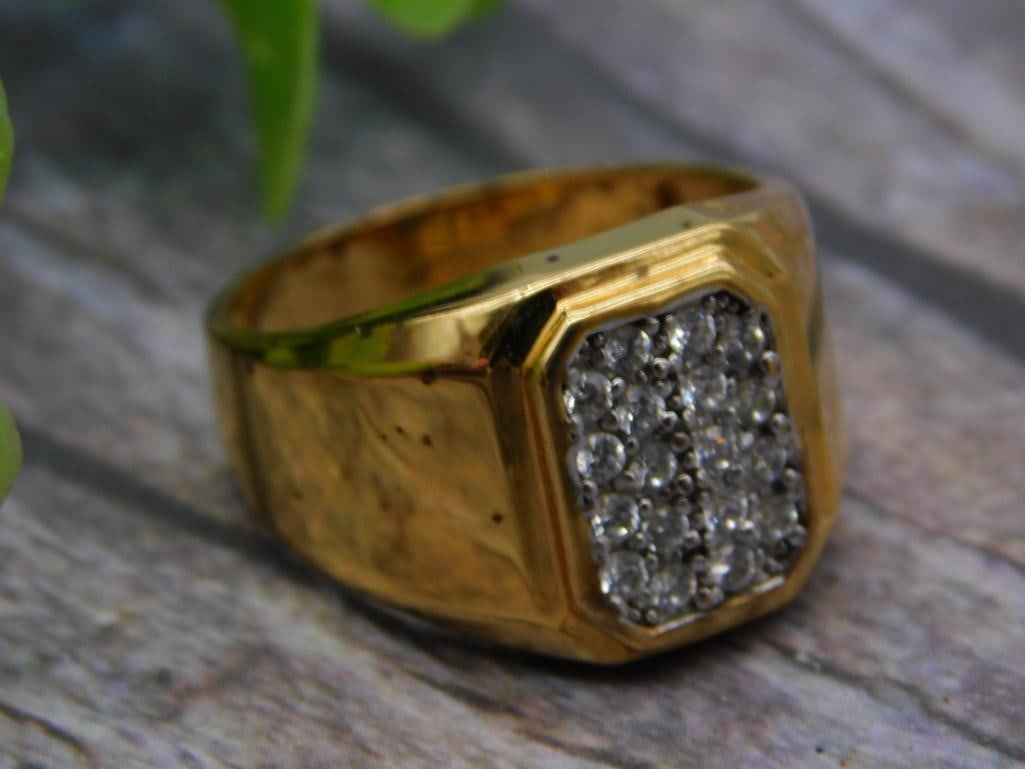 Jewelry Mens Gold Ring Pave Diamond Cluster: Men's gold ring, size 10, featuring a rectangular pave-set cluster of round diamonds/cz stones on a polished gold-tone band, interior stamped with hallmark.