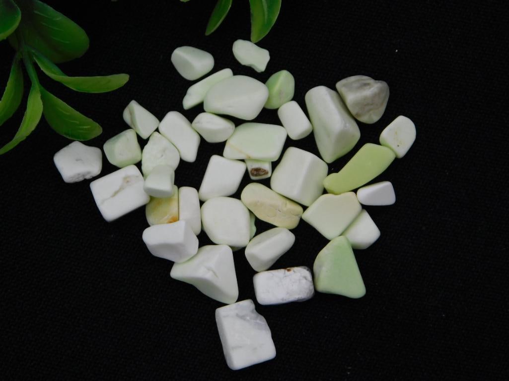 Lemon Chrysoprase Tumbled Stone Lot (12 grams): Small lot of tumbled polished lemon chrysoprase stones in pale green and white tones, approximately 12 grams total.