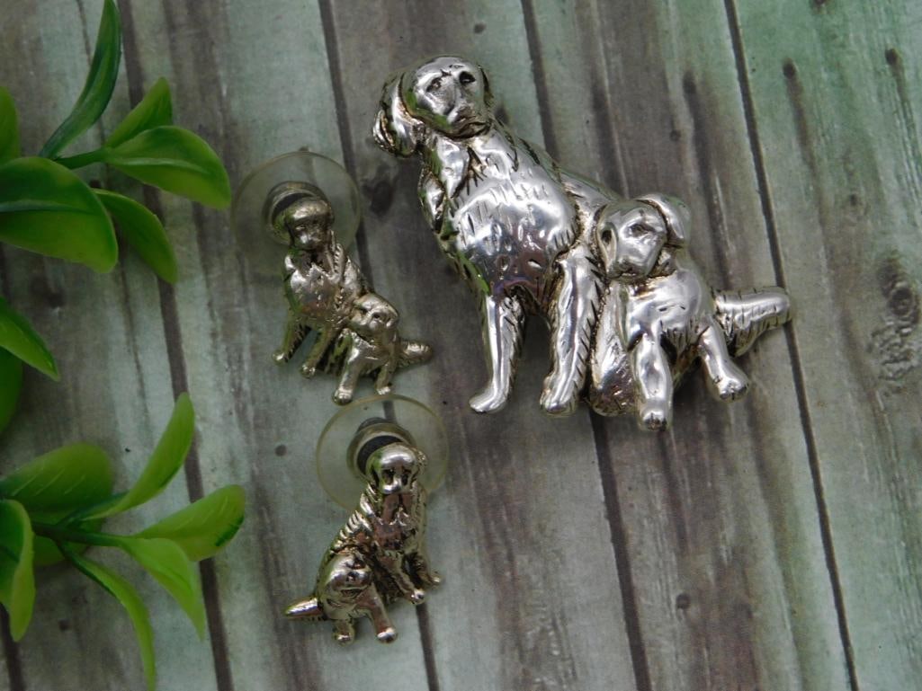 Silver-Tone Golden Retriever Dog Figurine Pin and Earrings Set: Matching set of a larger dog figurine brooch and pair of clip-on dog earrings in silver-tone metal, depicting seated Golden Retrievers.