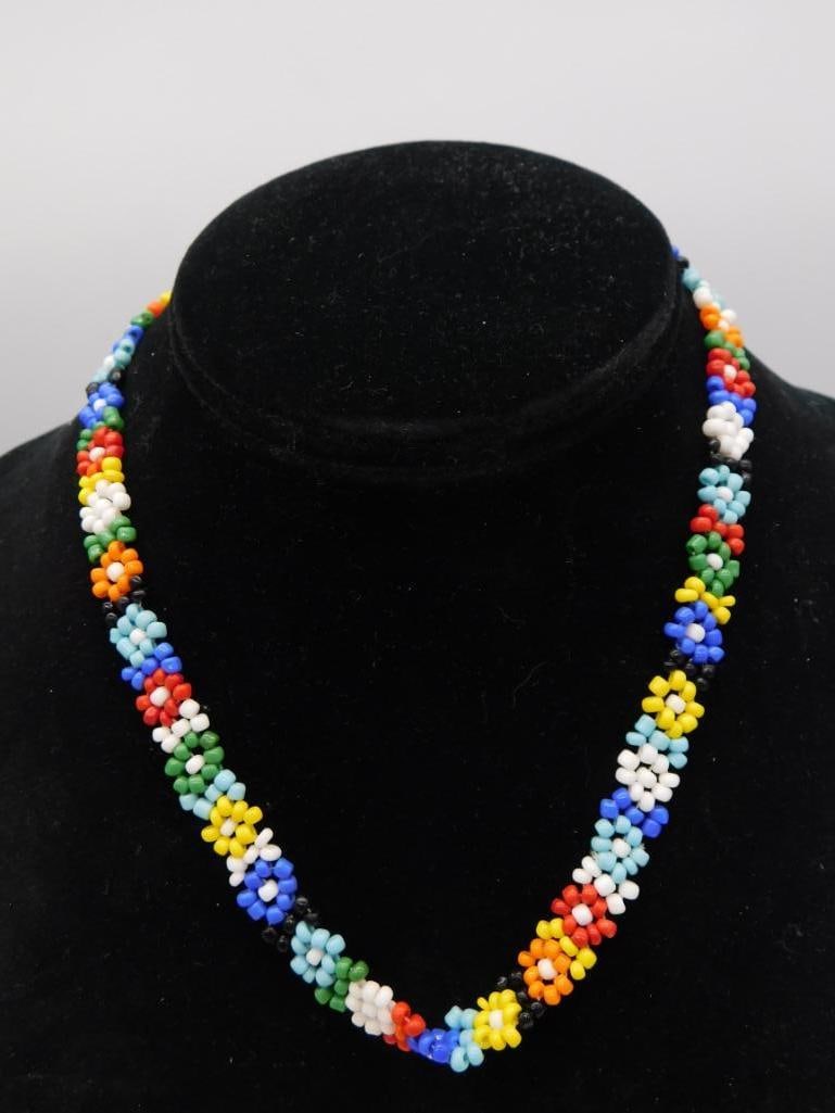 Seed Bead Flower Necklace: Multicolor seed bead choker necklace with floral bead pattern design.