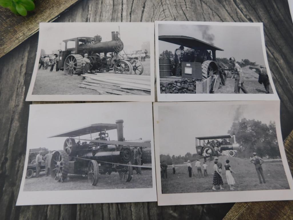 Vintage Steam Tractor Photographs (Set of 4): Four black and white vintage photographs depicting antique steam traction engines at a show or rally.