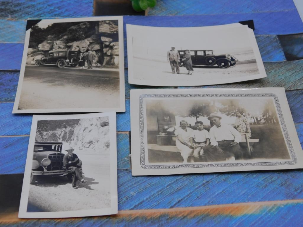 Vintage Automobile Photographs (Set of 4): Four black and white vintage snapshots of early automobiles and travelers along mountain roads.
