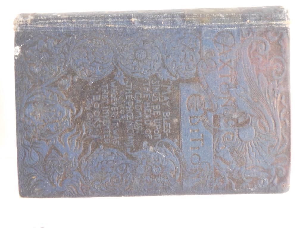 Antique 1889 Endymion Hardcover by Benjamin Disraeli Caxton Edition: A blue cloth-bound Caxton Edition hardcover of Endymion by Benjamin Disraeli published by Belford Clarke & Co. in 1889. The embossed cover shows detailed floral and scroll work along with wear