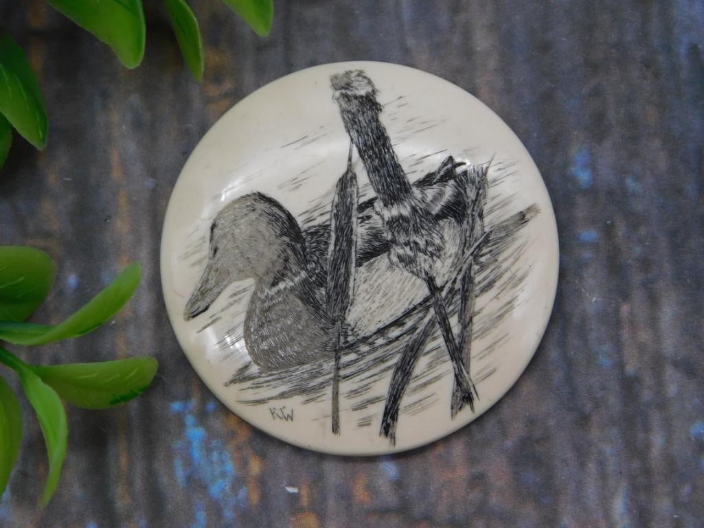 Signed Scrimshaw Duck Medallion (1 of 2)