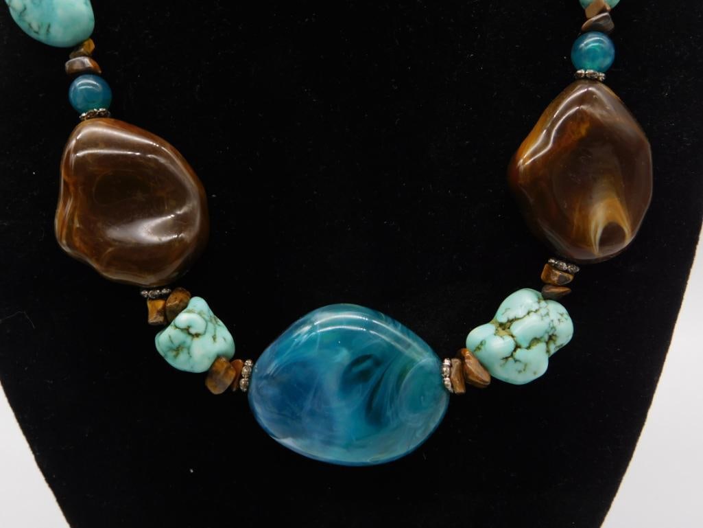 Turquoise Tigers Eye and Agate Statement Necklace - 2