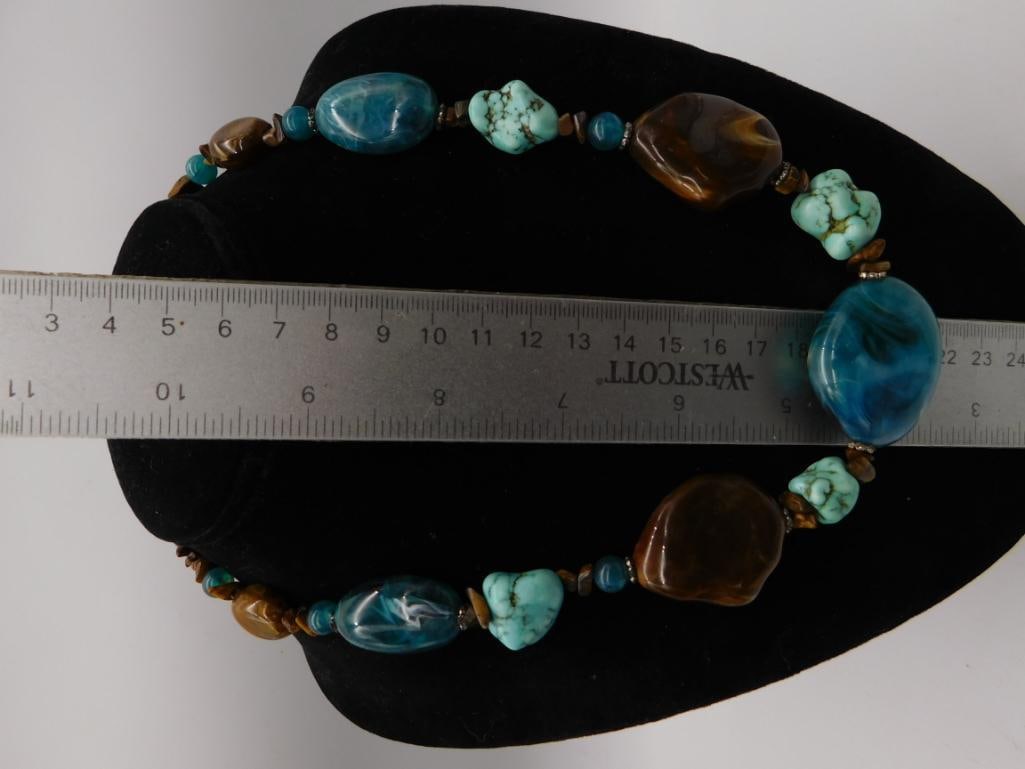 Turquoise Tigers Eye and Agate Statement Necklace - 3