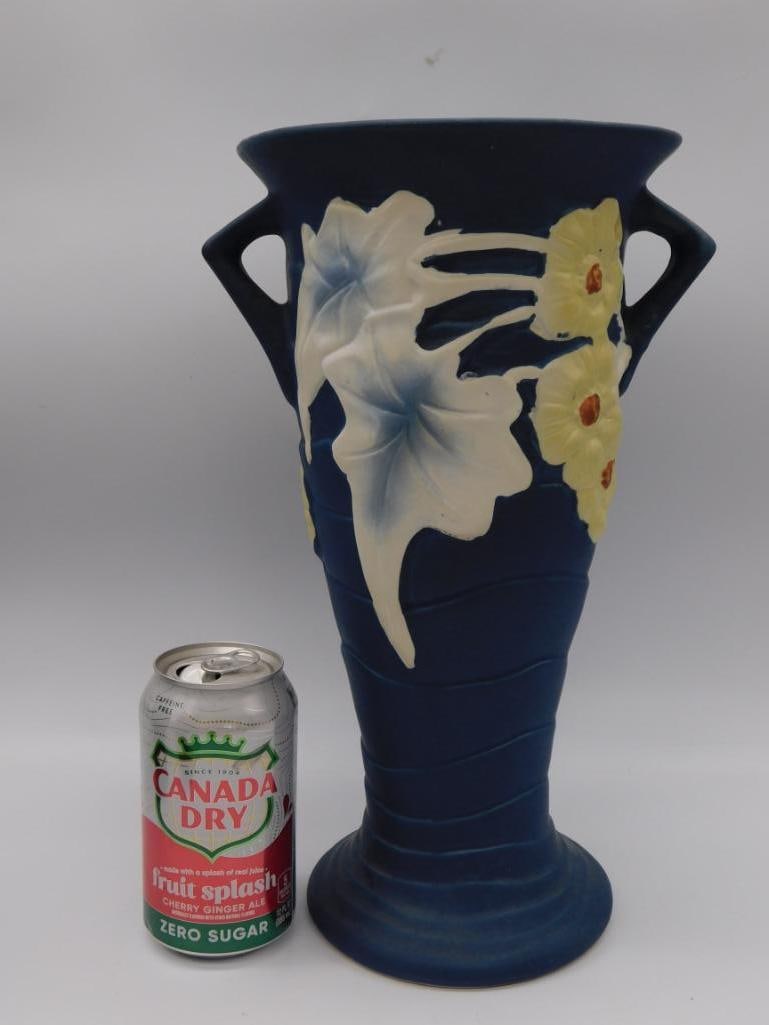 Roseville-Style Blue Floral Art Pottery Vase Recent: Roseville-Style Blue Floral Art Pottery Vase Recent