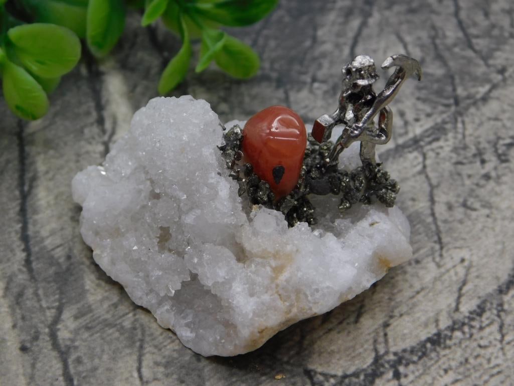 Carnelian Crystal Cluster with Miner Figurine: Carnelian Crystal Cluster with Miner Figurine