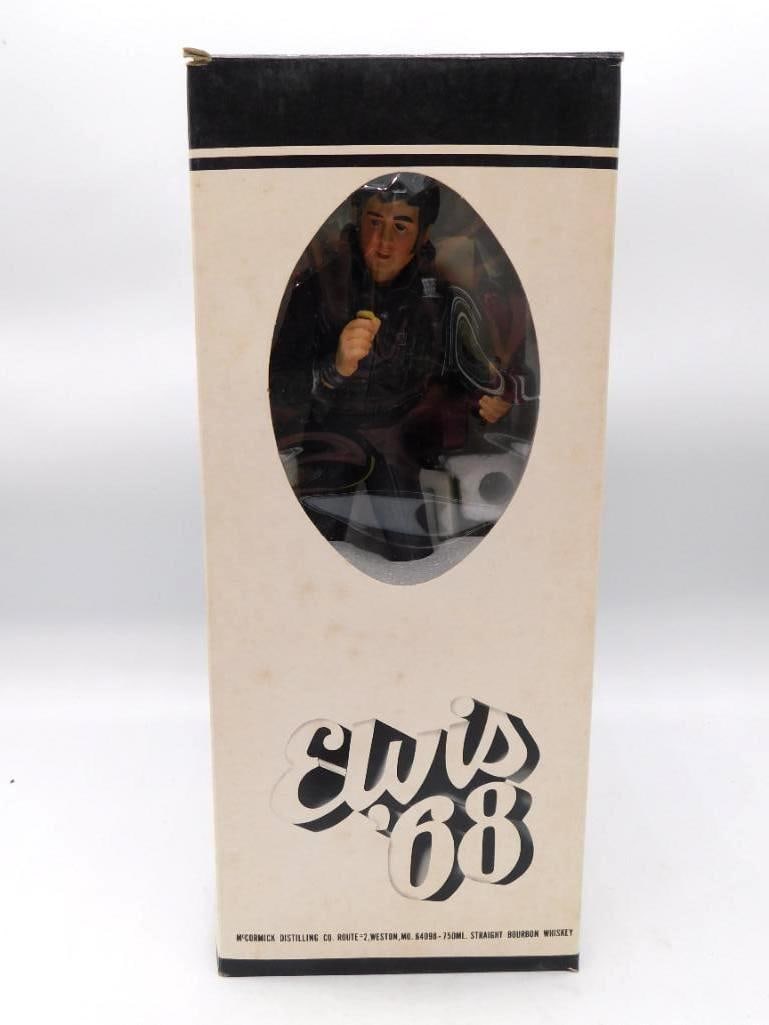 McCormick Forever Elvis 68 Presley: A second example of the McCormick Forever Elvis '68 decanter, modeled in the black leather performance pose collectors know well. Complete with its original illustrated box. See photos for exact size