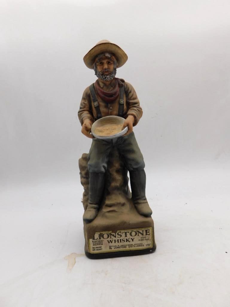 Lionstone Gold Panner 1862-1868: A Lionstone decanter modeled as a bearded prospector in straw hat and braces, holding out his pan with the color showing in the gravel. The sculptor caught an earnest and hopeful look, and the bisque