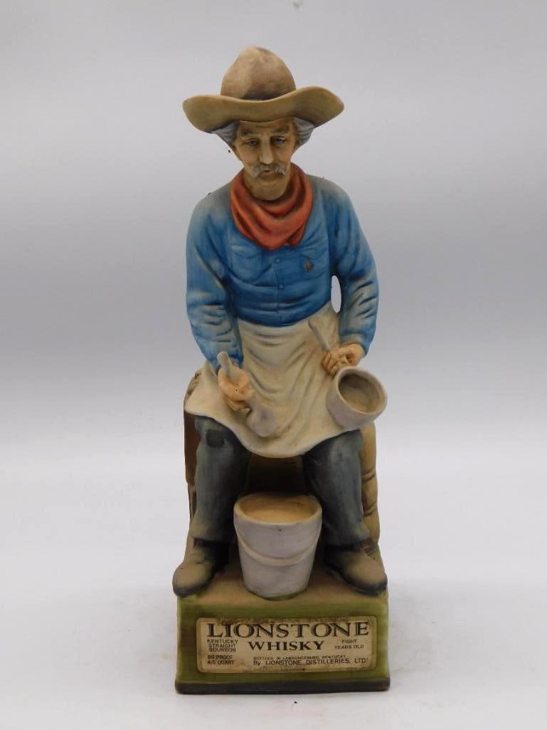 Lionstone Old West Series Camp Cook: A Lionstone Kentucky Straight Bourbon Whiskey decanter from the Old West Series, sculpted as a chuck-wagon camp cook at his labors, with a descriptive plaque set into the base. Approximately 9 inches