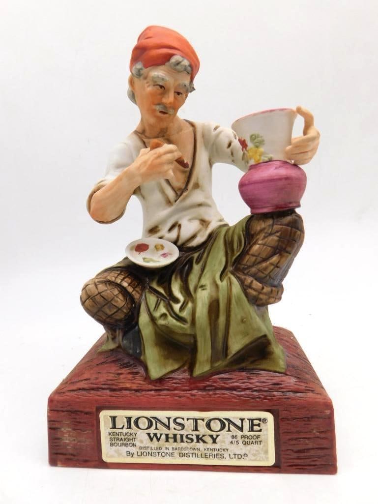 Lionstone The Potter European Workers: A Lionstone Kentucky Straight Bourbon Whiskey porcelain decanter titled The Potter, from the European Workers Series, rendered as a craftsman in a red turban at work painting a ceramic urn. Mounted