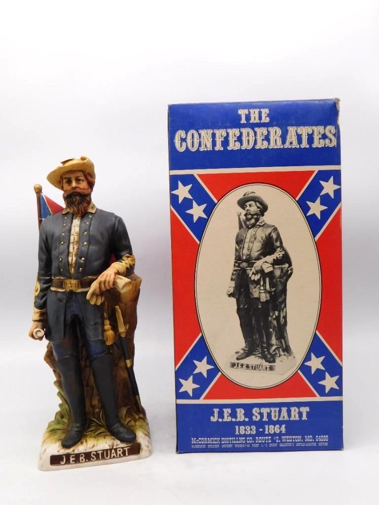 McCormick J.E.B. Stuart Confederates: A stately McCormick decanter from The Confederates series, modeled as Major General J.E.B. Stuart standing at ease in plumed hat and gauntlets, his saber and colors behind him. The painter gave the ca