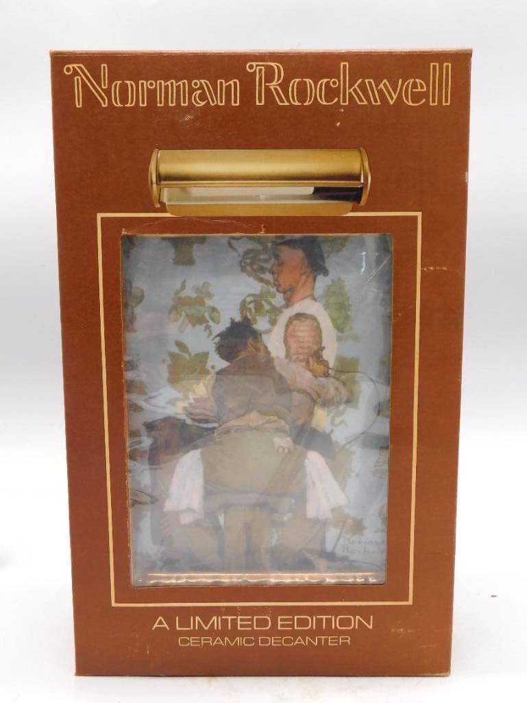 Norman Rockwell Triple Self-Portrait: A limited edition ceramic decanter by The Mike Wayne Distilling Co. bearing Norman Rockwell's Triple Self-Portrait, the second example of the piece in this collection. Complete in its original box, wh