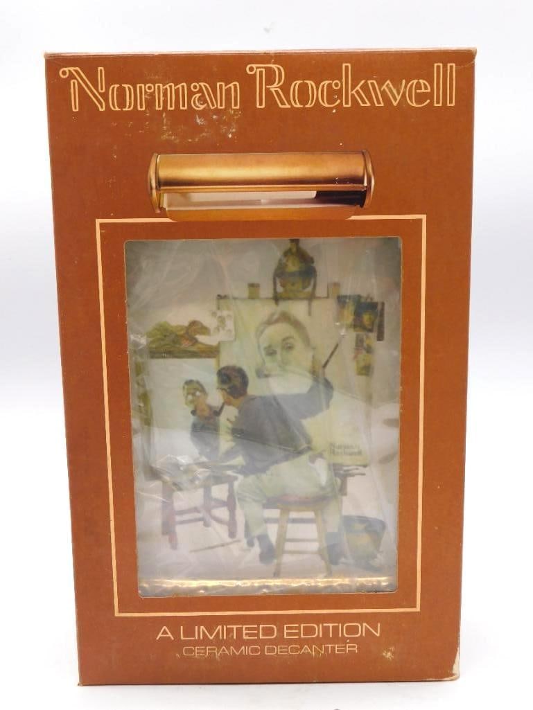 Norman Rockwell Triple Self-Portrait: A third example of the limited edition Norman Rockwell ceramic decanter by The Mike Wayne Distilling Co., rendered after his "Triple Self-Portrait." Complete in its original box and still wearing its 