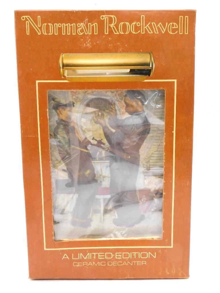 Norman Rockwell "The Tattooist" Ltd Ed: A limited edition ceramic decanter from the Mike Wayne Distilling Co. bearing Norman Rockwell's Saturday Evening Post cover "The Tattooist" of March 4, 1944. Kentucky Straight Bourbon Whiskey, 750ml, 