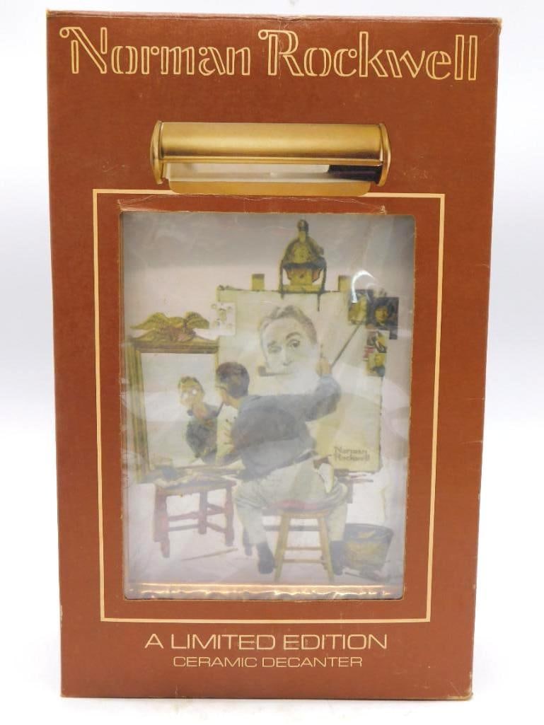 Norman Rockwell Triple Self-Portrait: A limited edition ceramic decanter by The Mike Wayne Distilling Co. bearing Norman Rockwell's Triple Self-Portrait, this the fifth example offered. Complete in its original box and carrying the Seal I