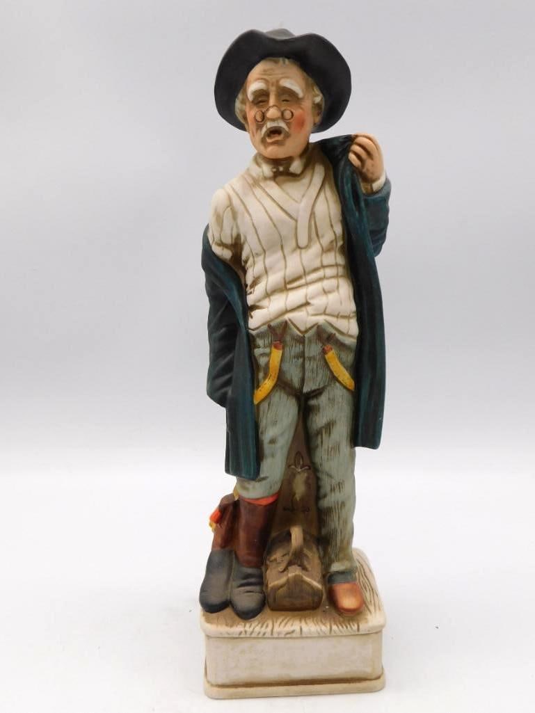 Country Doctor 1880-1900 Series Decanter: A painted bisque decanter modeled as an elderly gentleman in coat and vest, his doctor's bag in hand, the base plaque titled Country Doctor 1880-1900. A sober and dignified figure, well caught by the