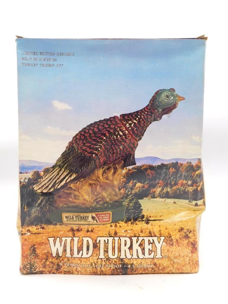 Wild Turkey Turkey Taking Off No. 7: Austin Nichols Wild Turkey Lore Series No. 7, "Turkey Taking Off," a well-turned bird caught in mid-flight upon a green base. The painter worked the plumage with particular care. Labeled 8 Years Old, 