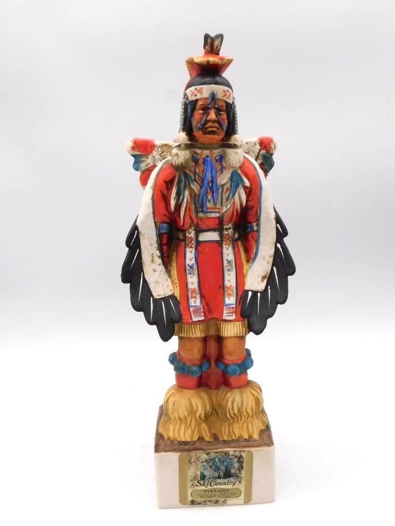 Ski Country Eagle Dancer Kachina: A hand-painted Ski Country decanter sculpted as a Native American Eagle Dancer in full feathered regalia, arms spread in the figure of the dance. The painter did not stint on the plumage. Stands