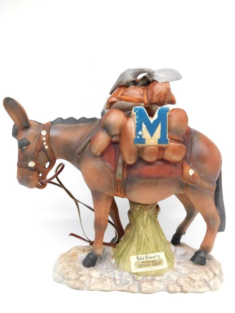 Ski Country Prospector's Pack Mule: A capital Ski Country decanter modeled as a prospector's pack mule standing head down beneath a full load of ore sacks, bedroll, shovel, and pick. The bisque is finely worked, and the painter handled