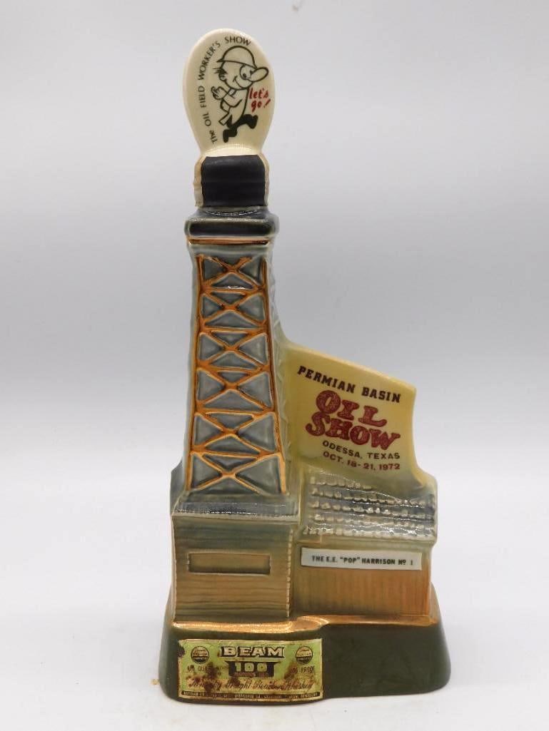 Jim Beam Permian Basin Oil Show Derrick: A Jim Beam ceramic decanter modeled as an oil derrick, struck for the 1972 Permian Basin Oil Show at Odessa, Texas, and honoring The E.E. Pop Harrison No. 1 well. Carries the Kentucky Straight