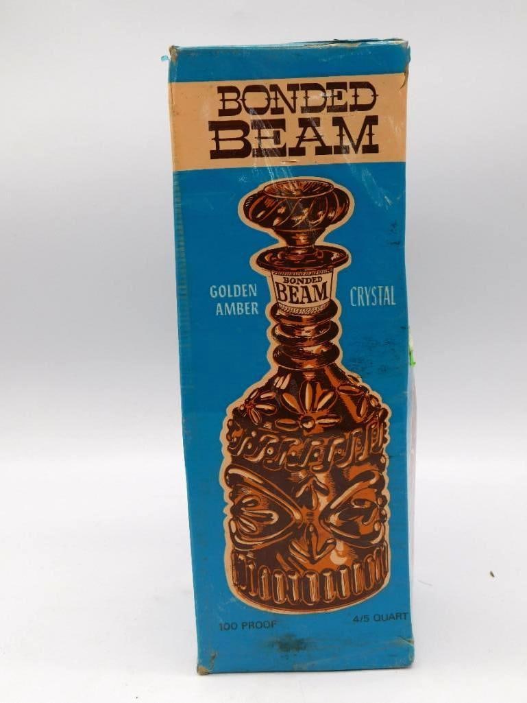 Jim Beam Beam's Choice Cameo Blue Milk: A Jim Beam Beam's Choice bourbon decanter in cameo blue milk glass, its body raised with classical figures and fitted with the original stopper. Marked 170th Birthday, 6 Years Old, 90 Proof. Handsome