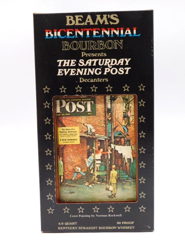Jim Beam Bicentennial Saturday Evening: A Jim Beam Bicentennial Bourbon decanter from The Saturday Evening Post series, bearing the cover of May 26, 1945, The Story of a Fighting Destroyer. The ceramic carries the printed scene with a