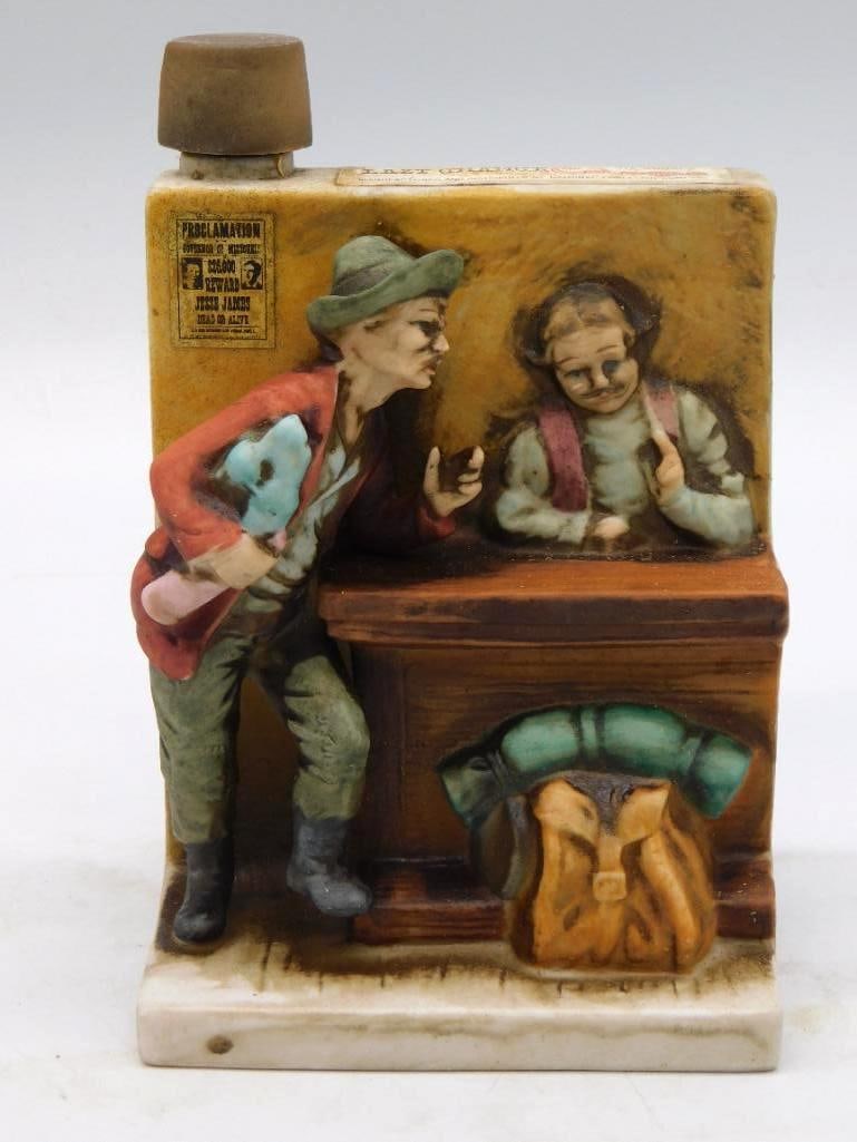 Jim Beam Faro Bank Old Orient Saloon: A Jim Beam Regal China decanter rendering the Faro Bank card game at the Old Orient Saloon in Bisbee, Arizona, circa 1889, with hand-painted cowboys and gamblers gathered about the table. The scene
