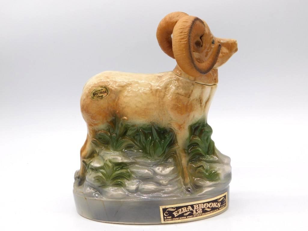 Ezra Brooks Bighorn Ram Heritage China: An Ezra Brooks Heritage China decanter in the form of a bighorn ram standing sure-footed on a rocky base, horns curled full round. Marked Kentucky Straight Bourbon Whiskey. A stout piece with real