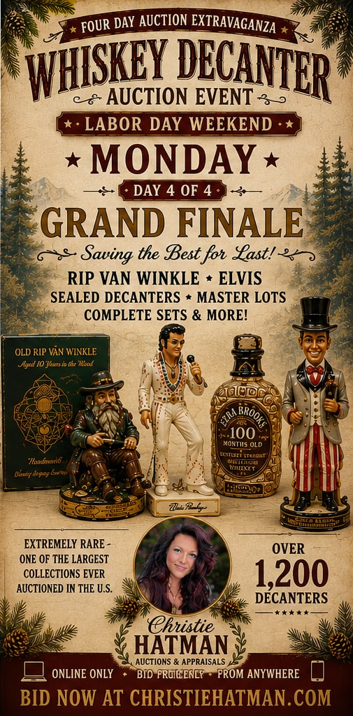 WELCOME TO THE GRAND FINALE—DAY 4 OF 4: Welcome to Day 4 of 4—the Grand Finale of our Decanter Auction Extravaganza! We have saved many of the most desirable pieces for last. This final session features sealed and full decanters,