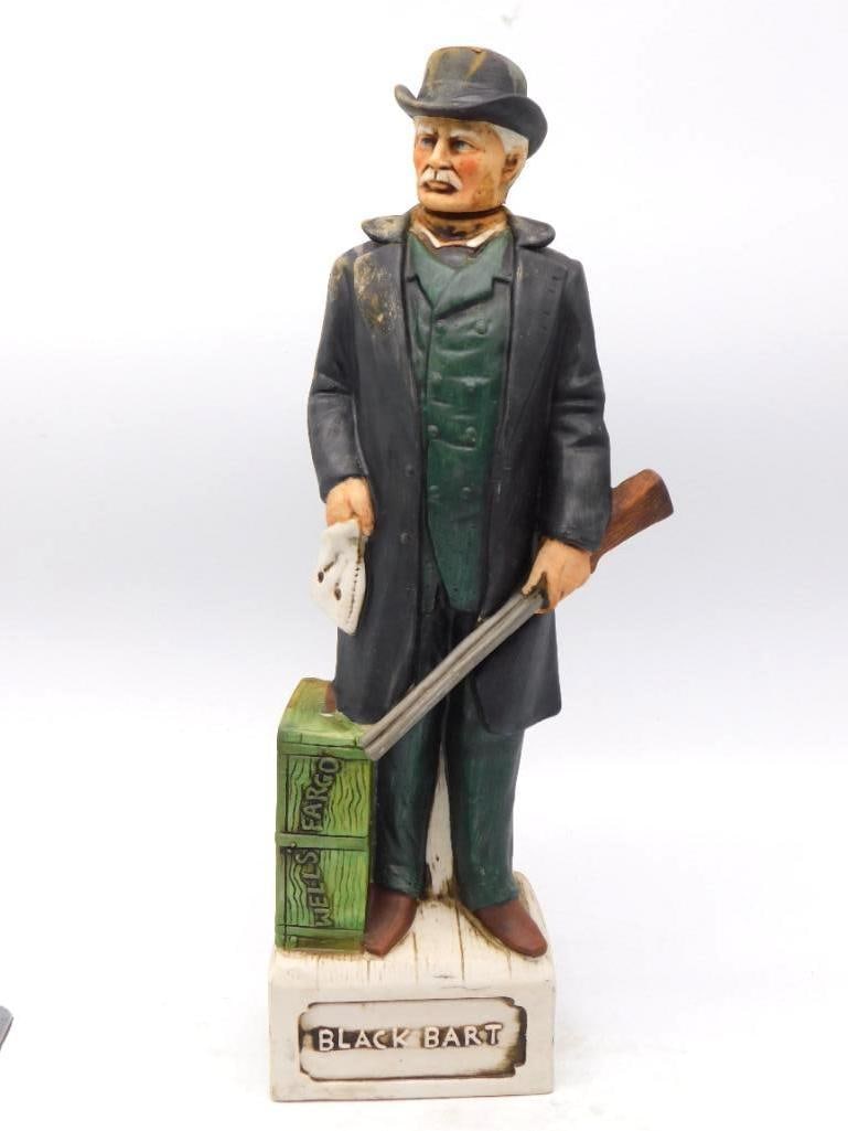 Black Bart Wells Fargo Stagecoach Robber: A spirited Old West decanter modeled as the road agent Black Bart in long coat and bowler, shotgun in hand and a flour-sack mask held out, a Wells Fargo strongbox at his boot. The sculptor gave him a