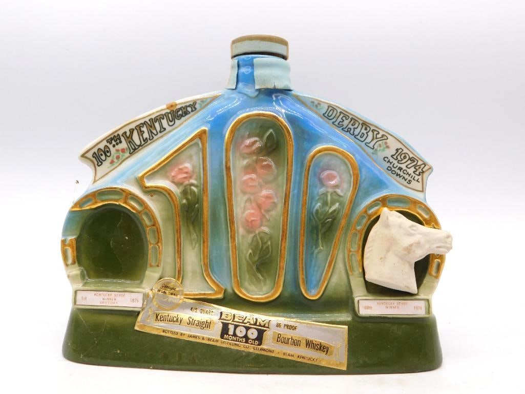 Jim Beam 100th Kentucky Derby 1974: A capital Jim Beam Regal China decanter marking the 100th Kentucky Derby at Churchill Downs in 1974, the front massed with roses between twin horseshoes and a modeled horse's head. The reverse carries