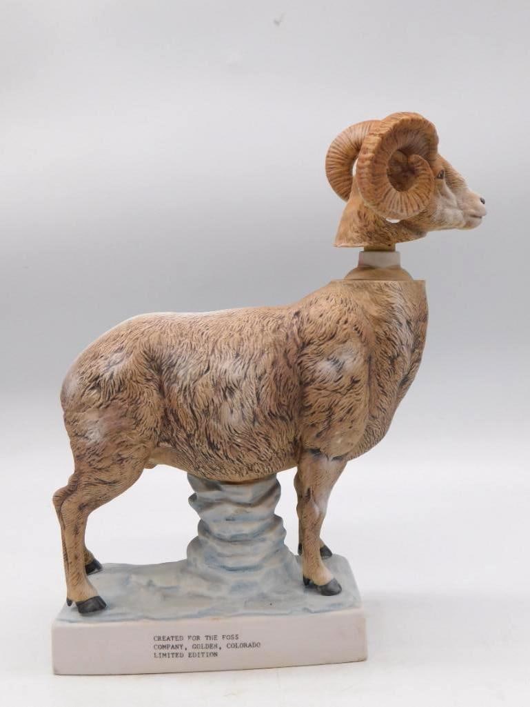 Rocky Mountain Bottle Club Denver: A limited edition ceramic decanter modeled as a bighorn ram, created for The Foss Company of Golden, Colorado and designed exclusively for the Rocky Mountain Bottle Club of Denver. A commanding